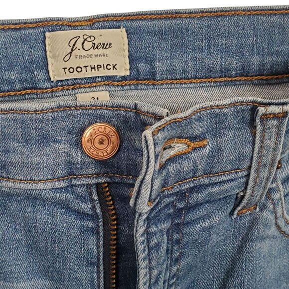 J Crew Size 31 Jeans Toothpick Distressed Mid Rise Skinny Stretch Denim Raw Hem - Picture 12 of 14